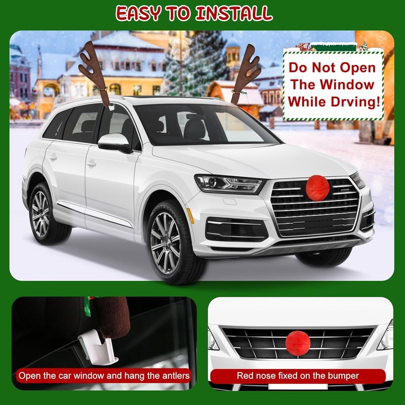 Hydencamm 2 Pack Red Nose for Car, Reindeer for Car Window Roof-Top & Front Grille, Car Antler & Nose Christmas Decorations for Car Jingle Bell Compatible with Car, SUV, Jeep, Truck - Image 3